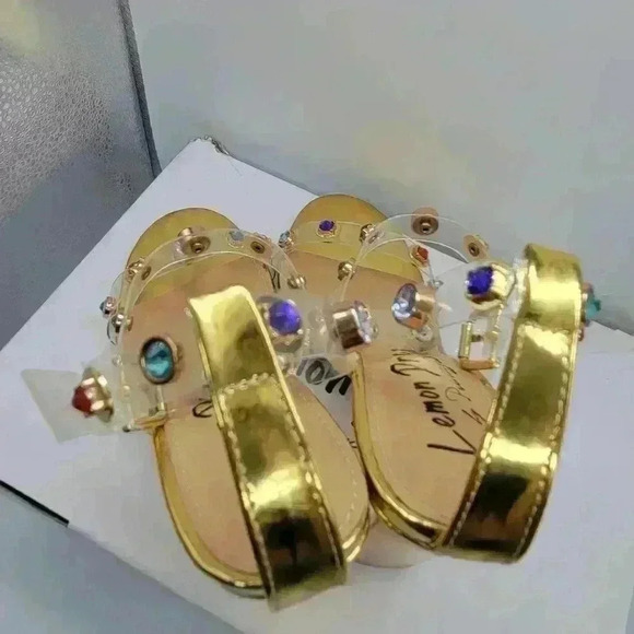 NEW IN BOX Lemon Drop by Privilege Strappy Gold Sandals 6.5 High Heel W/Stones - Picture 15 of 16